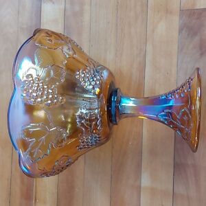 Vintage Indiana Glass Amber Carnival Grape Pedestal Bowl 8” Iridescent